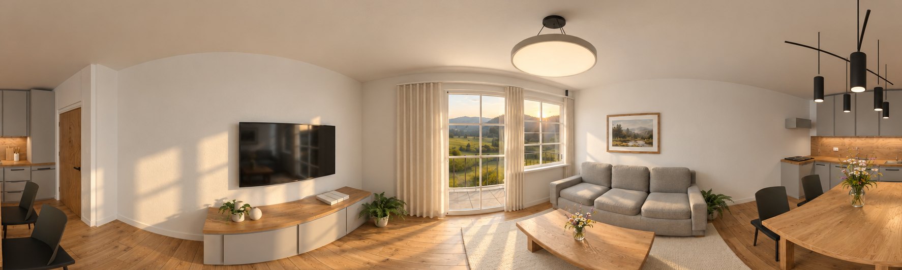 Living room of the Šumava demo apartment, rendered as a full 360 degree panorama