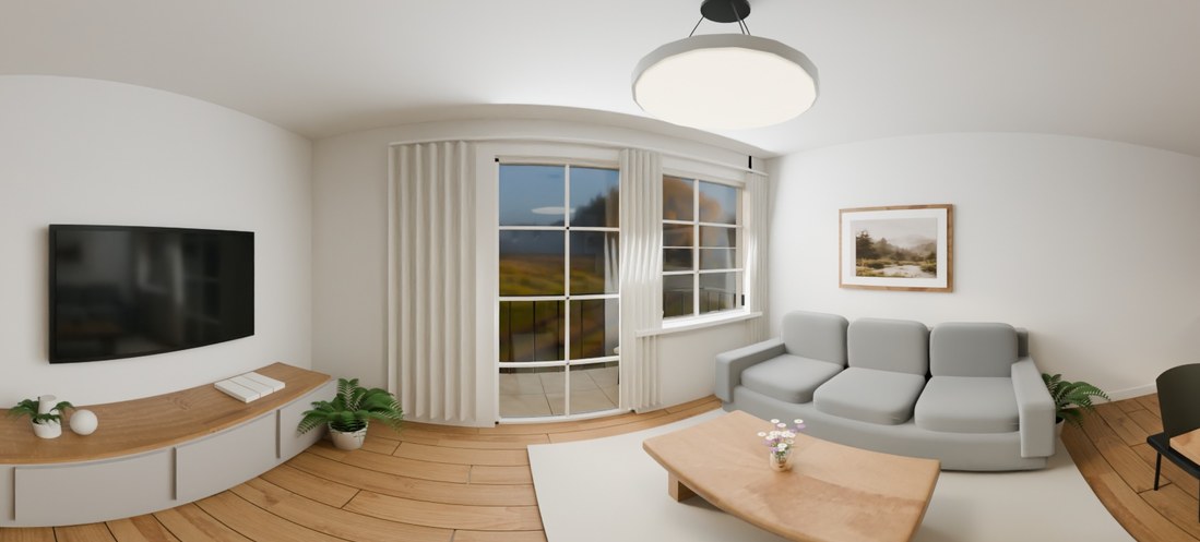 Raw 3D render of the living room