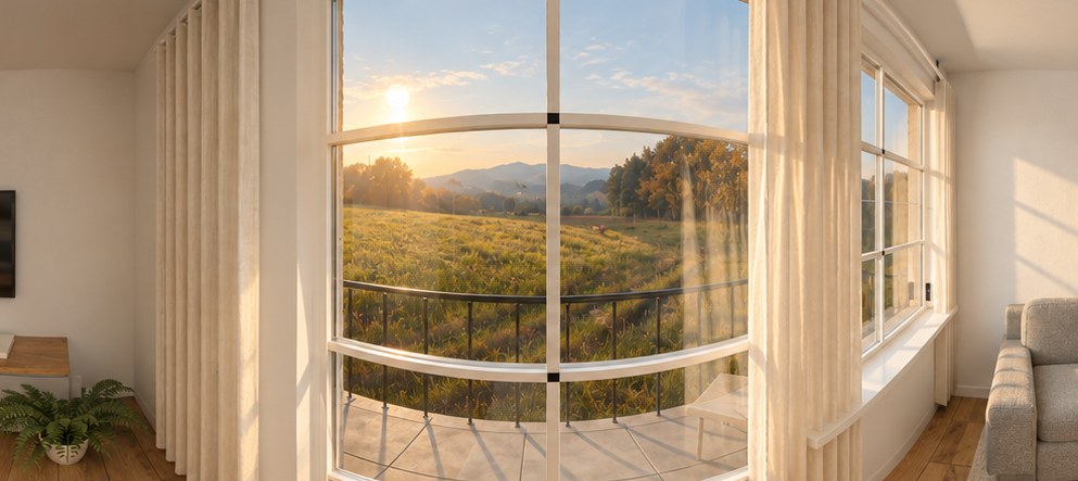Balcony door with linen curtains