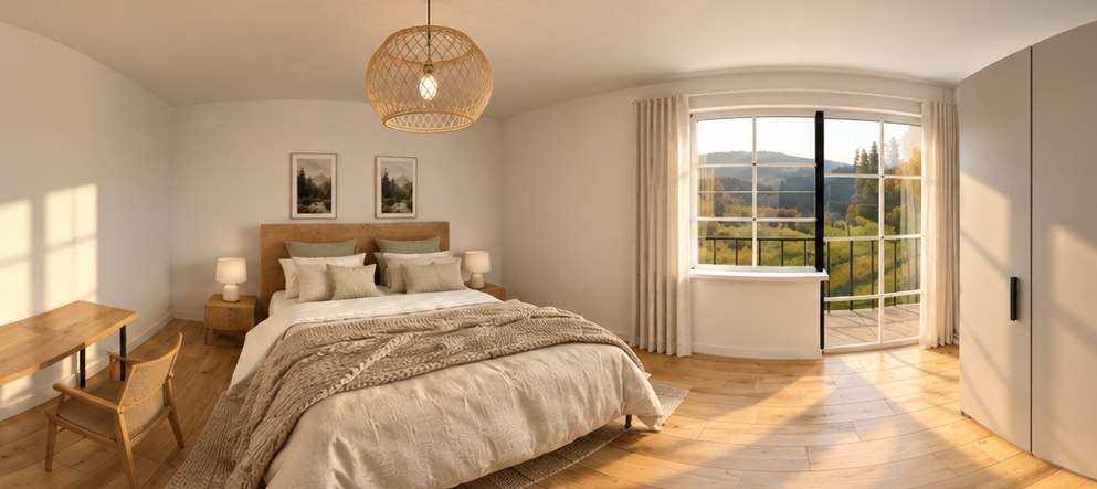 Bedroom with oak bed and woven pendant