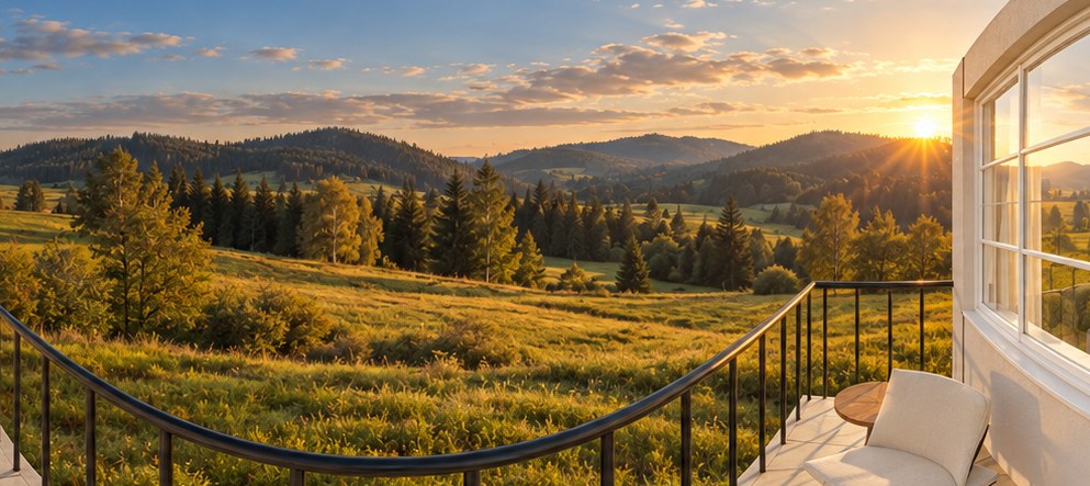 Terrace overlooking forested hills at sunset